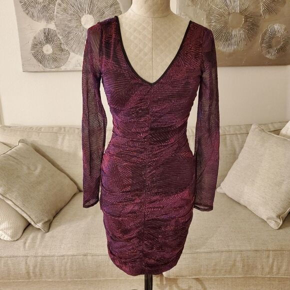 NEW -GUESS Metallic Long Sleeve Bodycon Mini Dress - Picture 3 of 12
